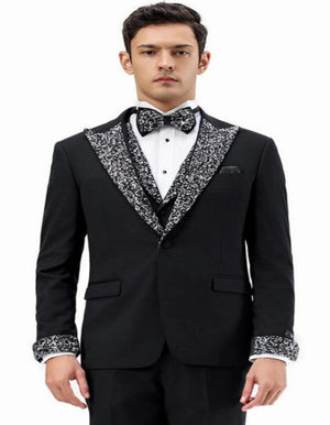 Black and White Prom Tuxedo - Perfect Wedding Suit Vested rhinestone Lapelled