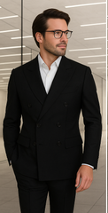 Wool Suit - Italian Made Business Suit by Statement Men's 100% Wool 2 Piece Double Breasted Suit - Subtle Windowpane