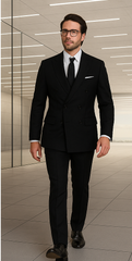 Wool Suit - Italian Made Business Suit by Statement Men's 100% Wool 2 Piece Double Breasted Suit - Subtle Windowpane