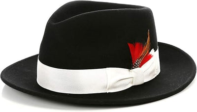 Gangster 100% Austrailian Wool Crushable Mens Fedora Hat - Removable Feather Gangster Black/White Mens Fedora Hat