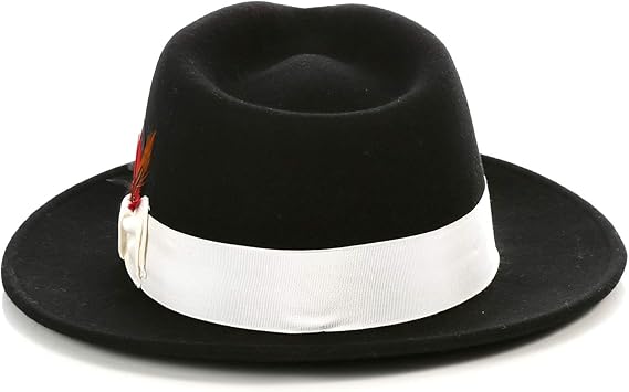 Gangster 100% Australian Wool Crushable Mens Fedora Hat - Removable Feather Gangster Black/White Mens Fedora Hat