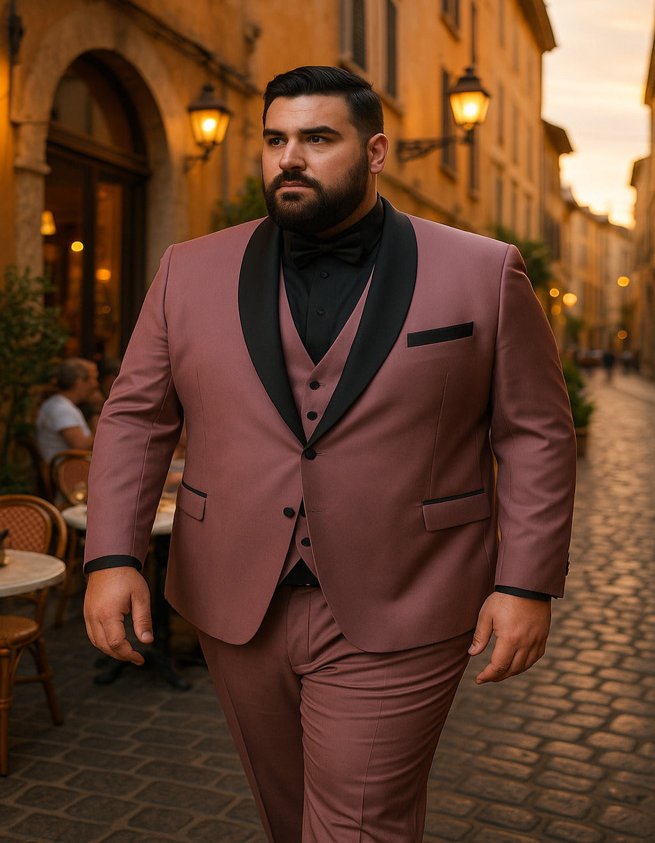 Men's Mauve Pink Tuxedo Suit ƒ?? 3-Piece Slim Fit with Black Satin Shawl Lapel 2   - from alligatorwarehouse.com