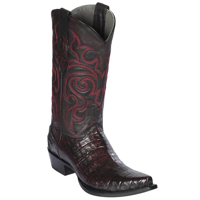 Los Altos Boots - Mens Dress Cowboy Boot - Low Priced Black Cherry Caiman Snip Toe Cowboy Boots- in Black Cherry