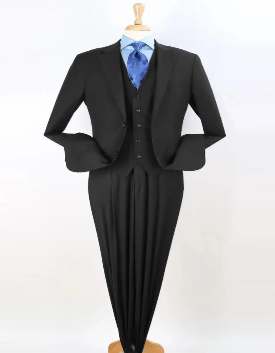 Pleated Suit - Mens Suits With Pleated Pant - Regular Fit Suit - Notch Lapel Black Suit