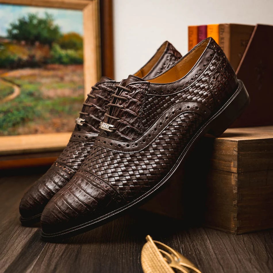 Marco Di Milano John Men's Shoes Exotic Caiman Crocodile / Woven Leather Dress Oxfords 28 JOHN_CAIMAN FUSCUS_BLACK_8.5  - from alligatorwarehouse.com
