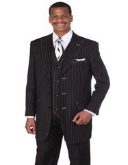Pleated?ÿDress?ÿMen?ÿSuits - Mens Vintage Vested Gangster Bold Pinstripe Fashion Black and White Suit