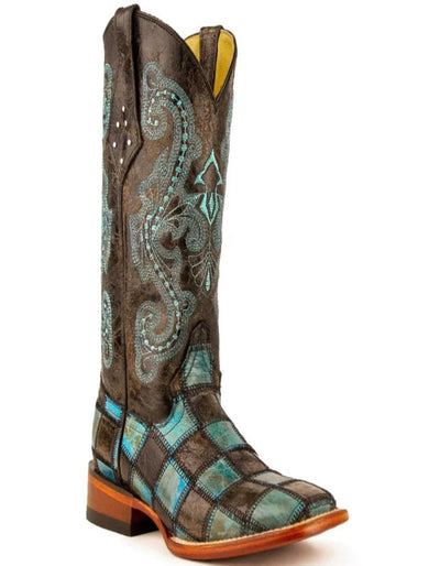 Ferrini Women's Patchwork Square Toe Boots Handcrafted - Black/Teal 5 81393-50-060-B  - from alligatorwarehouse.com