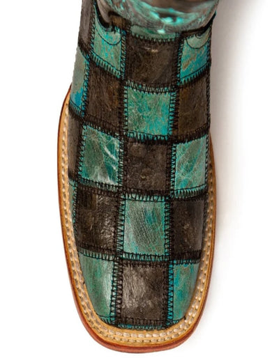 Ferrini Women's Patchwork Square Toe Boots Handcrafted - Black/Teal 6 81393-50-060-B  - from alligatorwarehouse.com