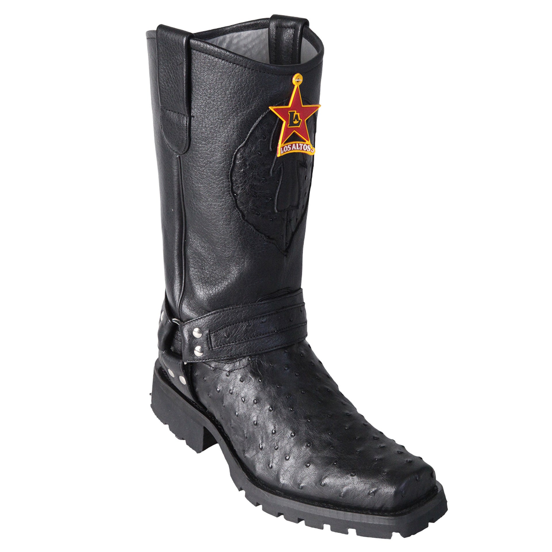 Los Altos Men's Black Full Quill Ostrich Leather Biker Boots 1   - from alligatorwarehouse.com