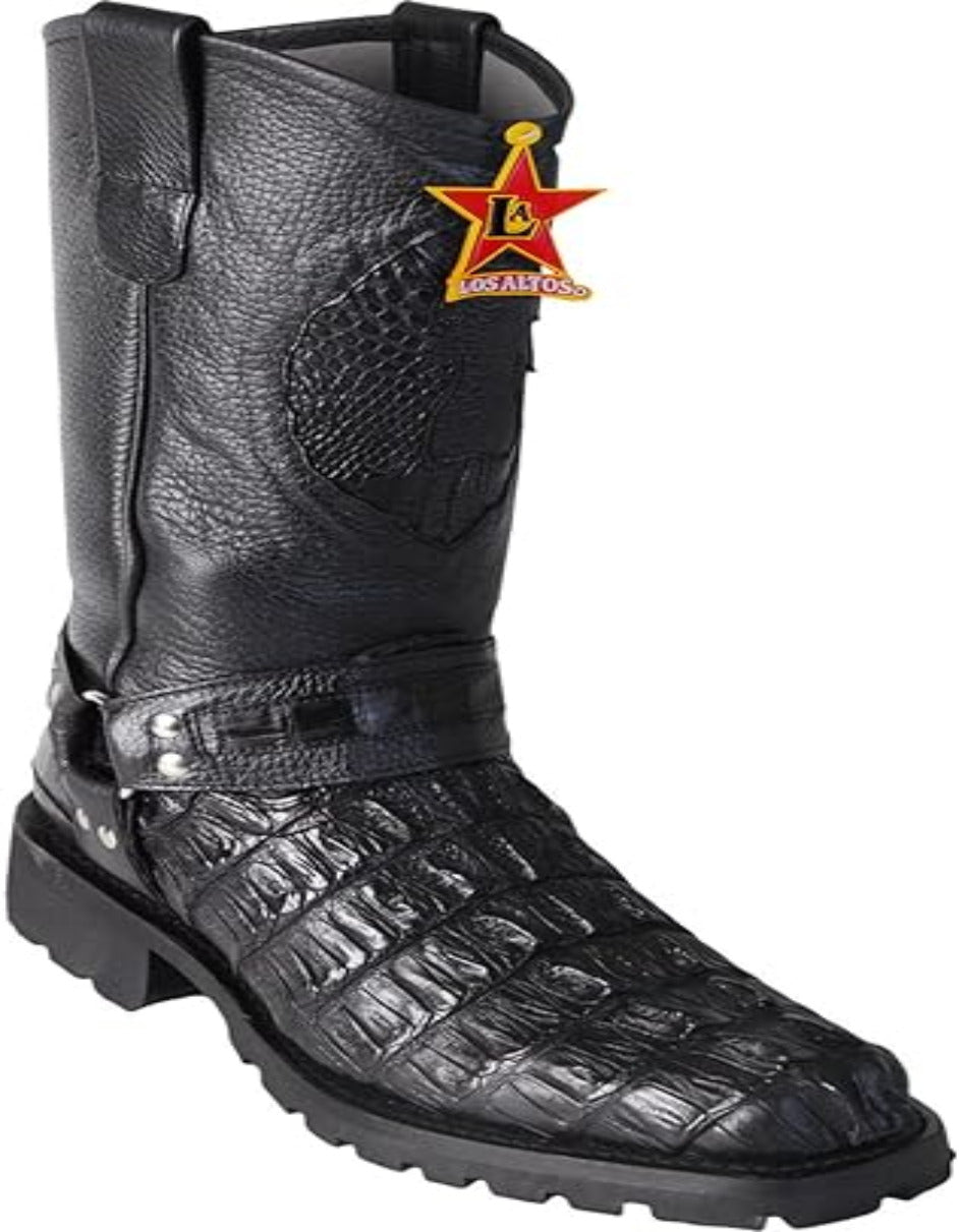 Men's Biker Design Genuine Leather Caiman Tail Western Boots with Industrial Sole 1   - from alligatorwarehouse.com
