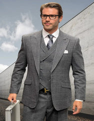 Men's Designer Wool Peak Lapel Muted Black Windowpane Plaid Suit