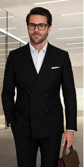 Wool Suit - Italian Made Business Suit by Statement Men's 100% Wool 2 Piece Double Breasted Suit - Subtle Windowpane