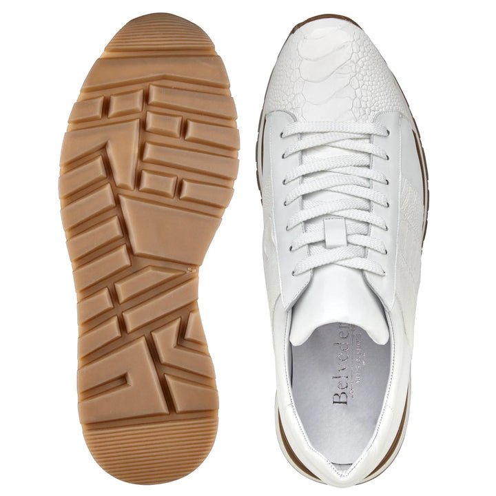 Men's Belvedere Blake Calf & Ostrich Leg Dress Sneaker in White 3 MEN 33629 WHITE-M-10  - from alligatorwarehouse.com