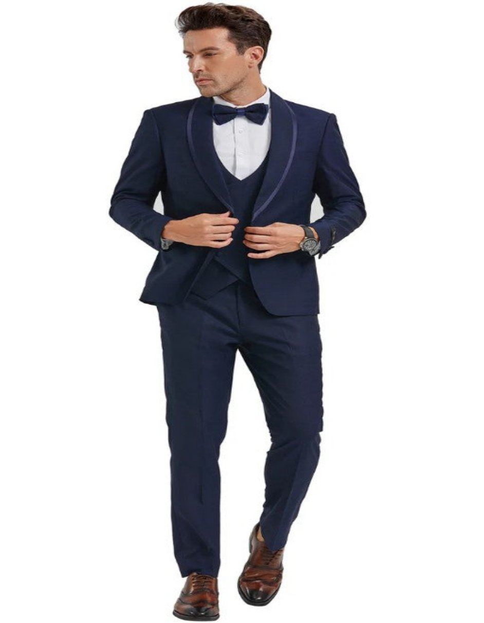 Blue Prom Suit - Blue Homecoming Outfits For Guys in Navy Blue with Blue Satin Trim Tuxedo Blue Prom Suit - Blue Homecoming Outfits For Guys in Navy Blue with Blue Satin Trim Tuxedo