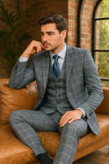 Mens Blue Windowpane Checkered Slim Fit Suit ƒ?? 3 Piece Stretch Business Suit