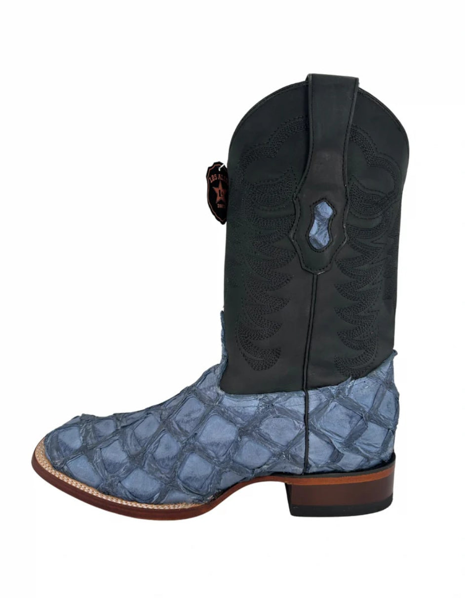 Los Altos Men's Blue Jeans Genuine Pirarucu Wide Square Toe Boot 3   - from alligatorwarehouse.com