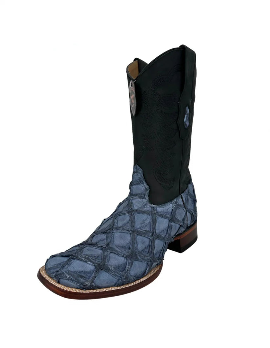 Los Altos Men's Blue Jeans Genuine Pirarucu Wide Square Toe Boot 1   - from alligatorwarehouse.com