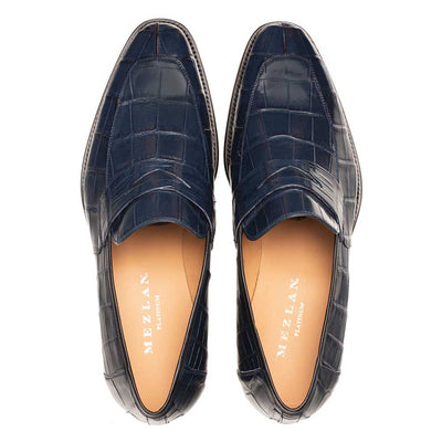 Men's Blue Piccolo Genuine American Alligator Penny Loafer By Mezlan Made In Spain Brand
