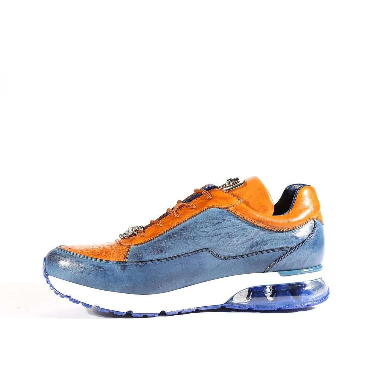 Belvedere  Flash Men's Shoes Blue Safari & Almond Exotic Ostrich / Calf-skin Leather Casual Sneakers 2 MEN E01 BLUE SAFARI/ALMOND-M-06  - from alligatorwarehouse.com