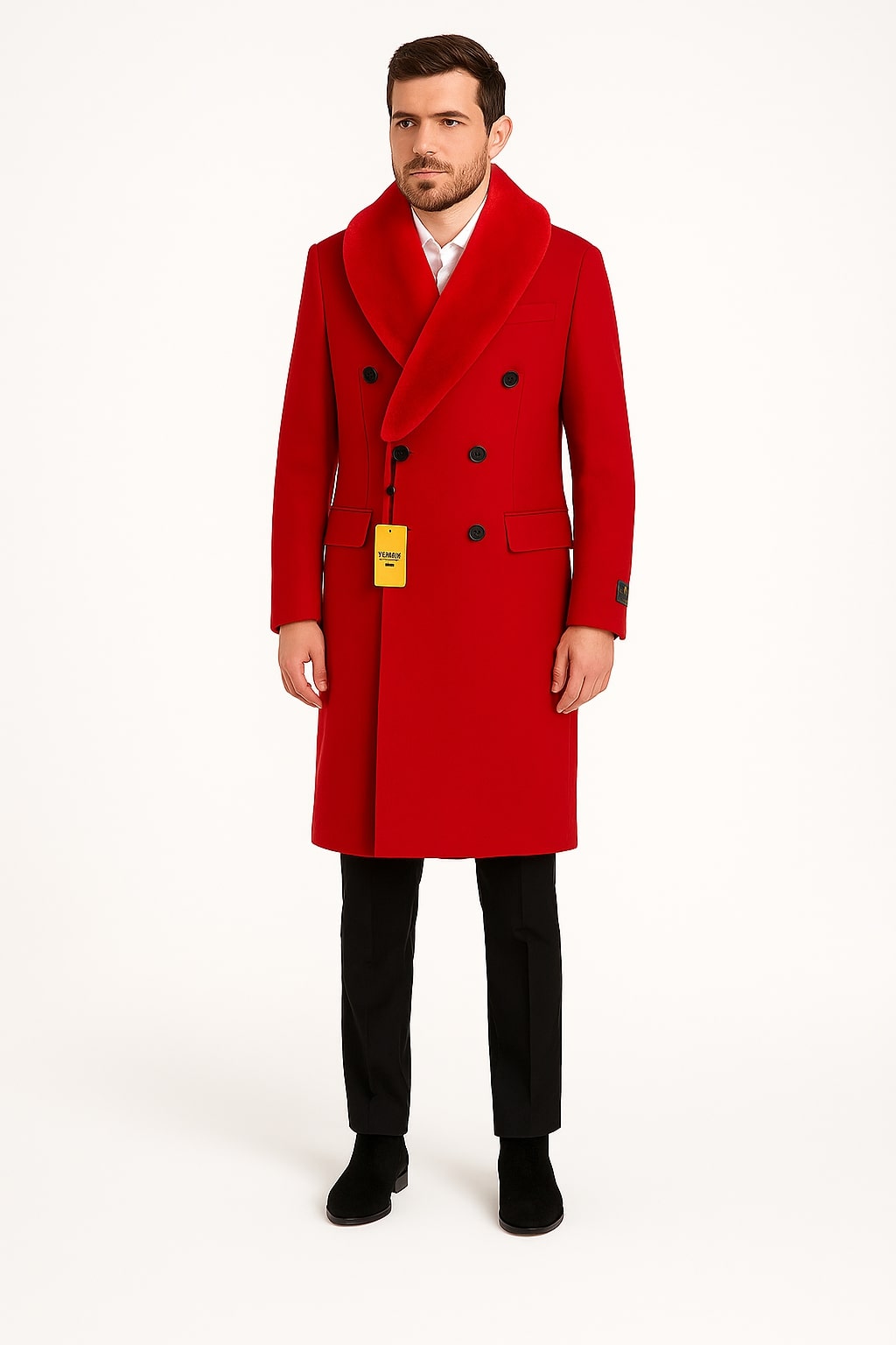 Mens Double Breasted Red Overcoat with Bold Red Faux Fur Collar – Alberto Nardoni Luxury Winter Coat 1   - from alligatorwarehouse.com