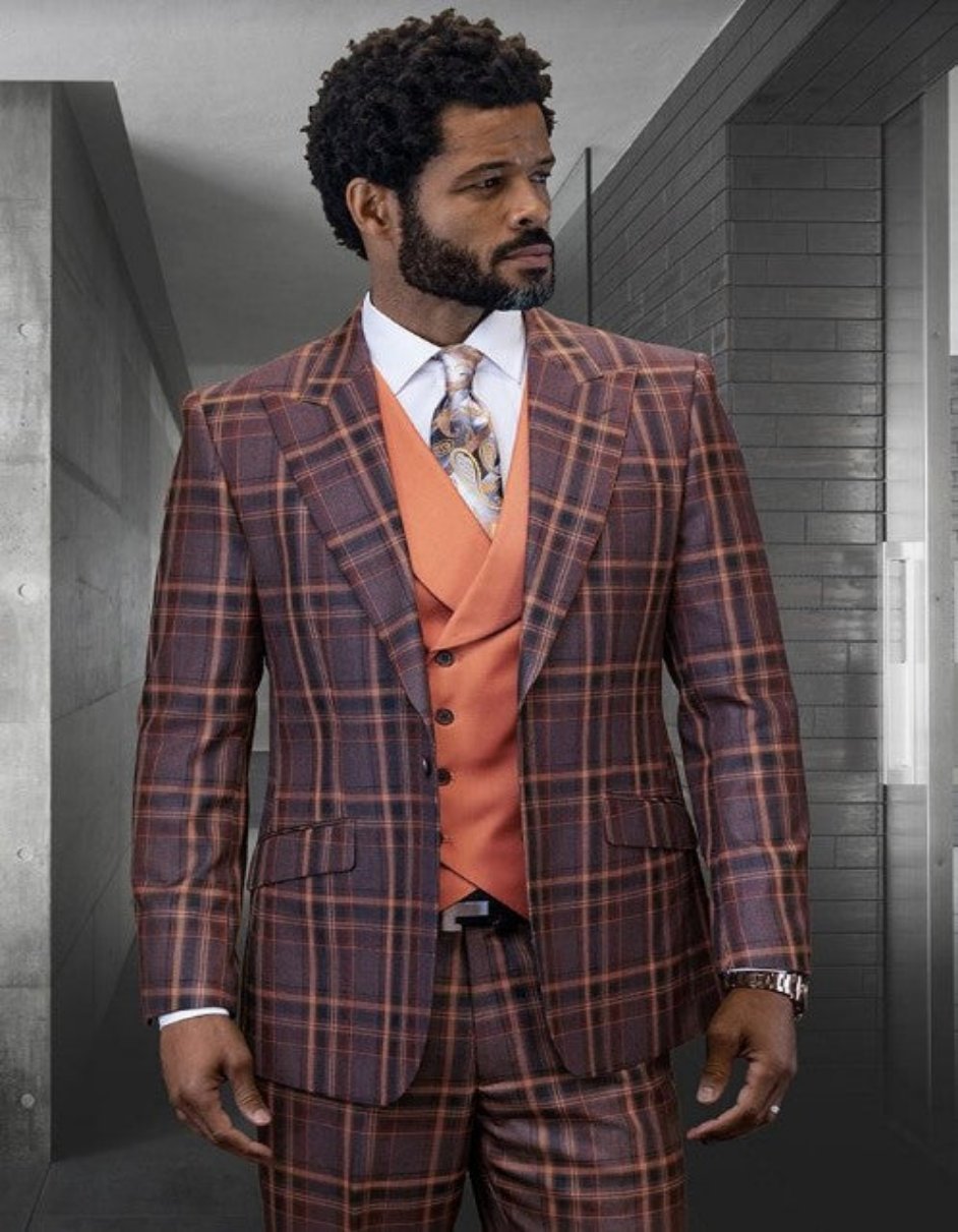 Brown Plaid Suit - Copper - Orange - Rust Color Windowpane Pattern Suit - Wool Suit - Peak Lapel Side Vented Modern Fit 1   - from alligatorwarehouse.com