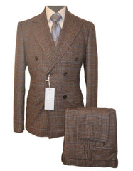 Rossiman Brown & Blue Vintage Glen Plaid Suit with Windowpane Pattern