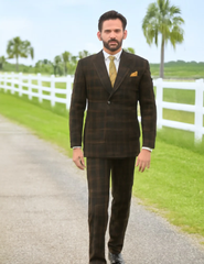Men's Brown Plaid Double-Breasted Wool Suits Classic Windowpane Two-Piece Formal Suits By Rossiman