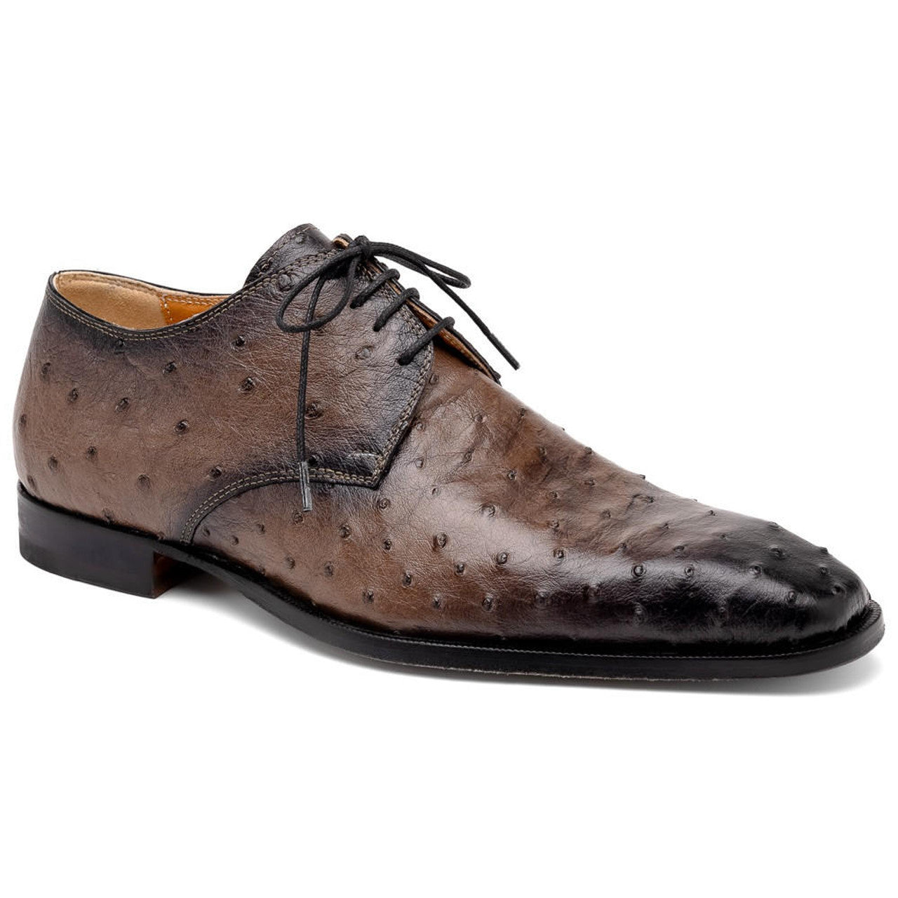 Mauri Italy Men's Ostrich Shoes Brown Burished Toe Dillinger 3   - from alligatorwarehouse.com