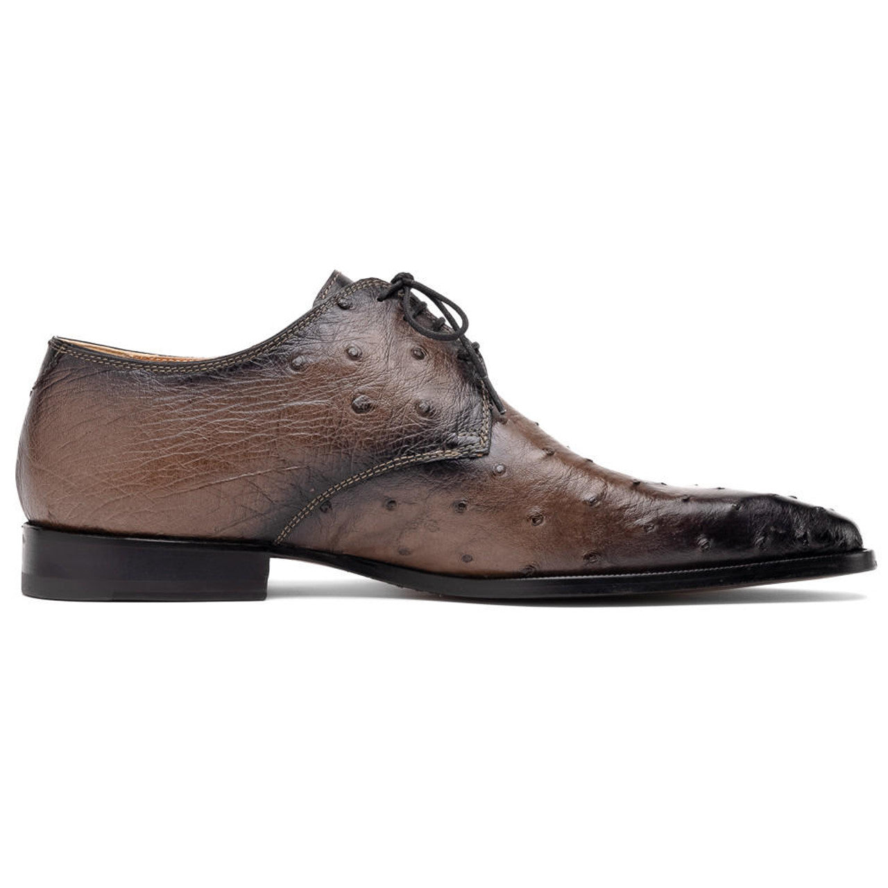Mauri Italy Men's Ostrich Shoes Brown Burished Toe Dillinger 1   - from alligatorwarehouse.com