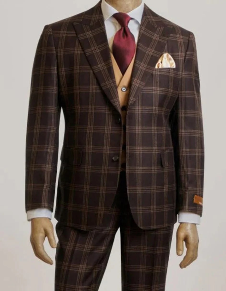 Mens Peak Lapel Modern Fit - No Pleated Pants Designer Brand Brown 3 Piece Vested Suit 1   - from alligatorwarehouse.com