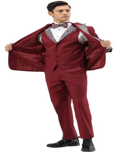 Burgundy Prom Tuxedo - Perfect Wedding Suit Vested Rhinestone Lapelled