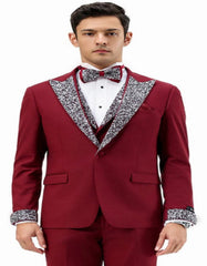 Burgundy Prom Tuxedo - Perfect Wedding Suit Vested Rhinestone Lapelled