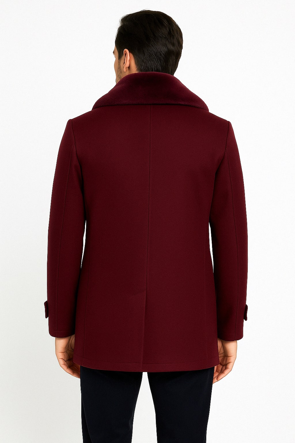 Mens Burgundy Double-Breasted Overcoat with Faux Fur Shawl Collar – Slim Fit Peacoat - Alberto Nardoni Signature 2   - from alligatorwarehouse.com