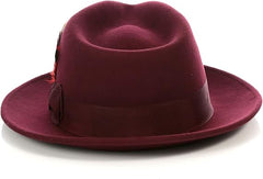 Gangster 100% Austrailian Wool Crushable Mens Fedora Hat - Removable Feather Gangster Burgundy Mens Fedora Hat