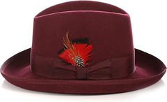 Gangster 100% Austrailian Wool Crushable Mens Fedora Hat - Removable Feather Gangster Burgundy Mens Fedora Hat