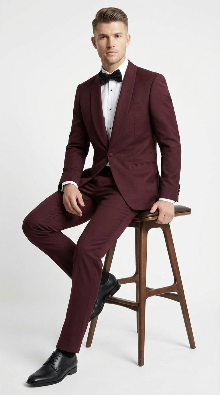 Men's Burgundy and Burgundy Shawl Lapel Tuxedo Suit | Classic Formal Wedding Prom Dinner Jacket Set