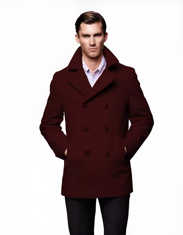 Men's Designer Wool Peacoat Sale Available Fabric Double Breasted Style Coat In Dark Burgundy 1   - from alligatorwarehouse.com