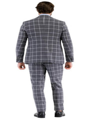 Mens Plaid Suit - Windowpane Pattern With Vest - Business Suit Grey
