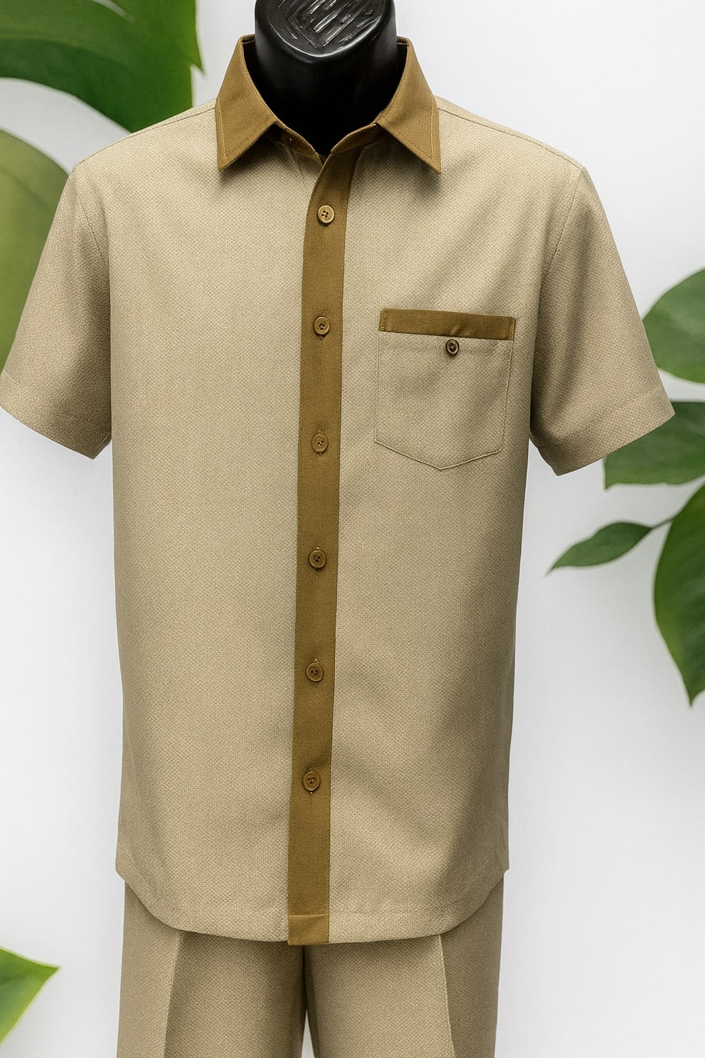 Mens Camel Beige Houndstooth Short Sleeve Walking Suit