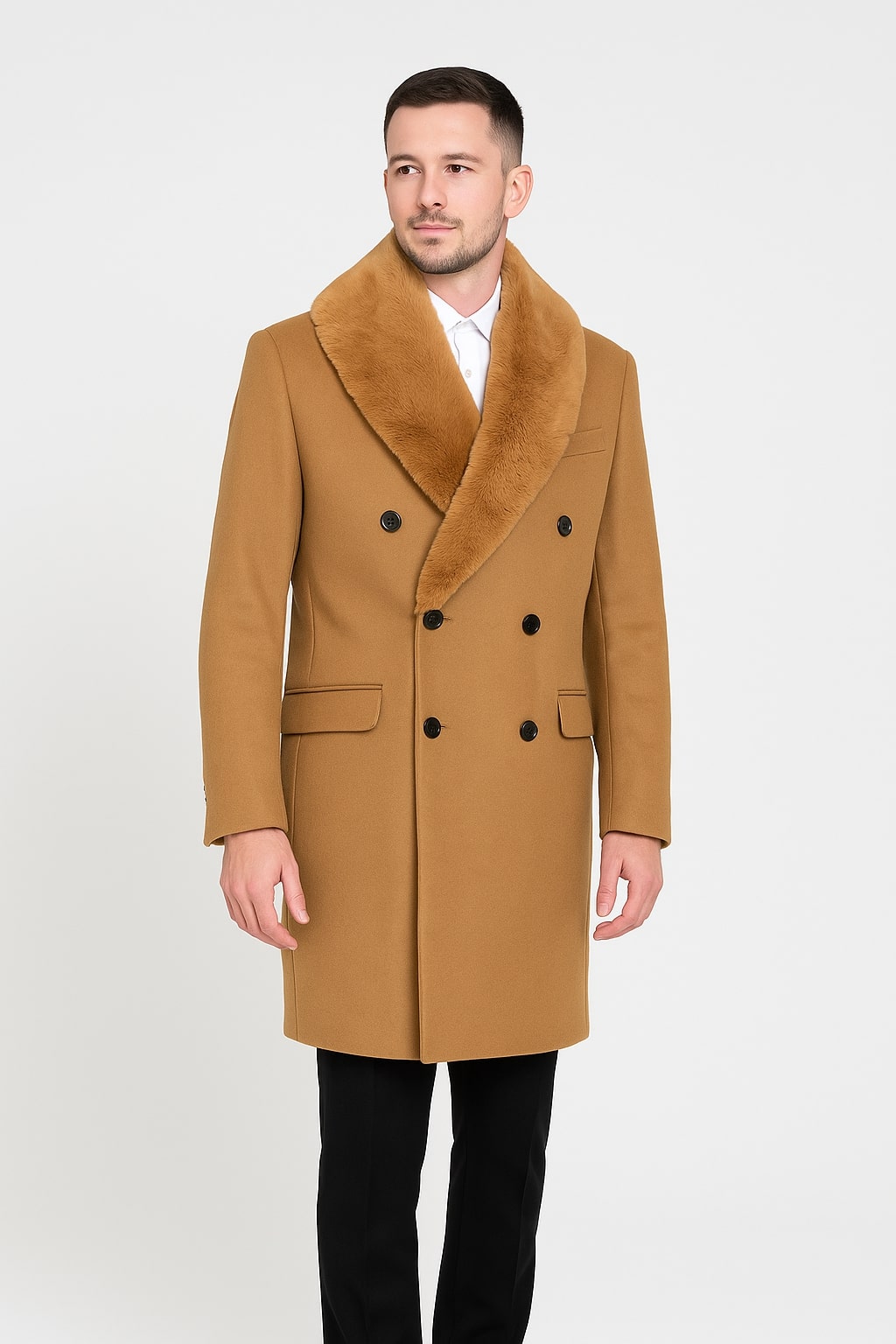 Mens Camel Wool Overcoat with Faux Fur Shawl Collar – Double-Breasted Winter Dress Coat 1   - from alligatorwarehouse.com