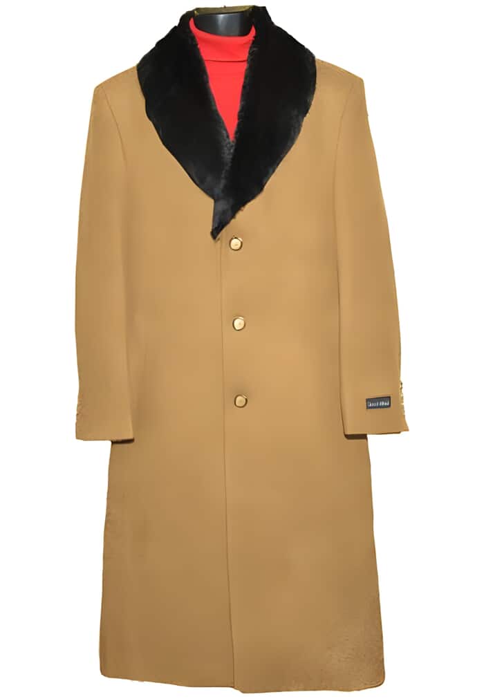 Fur Collar Camel 3 Button Wool Ankle length Overcoat ~ Long men's Dress Topcoat - Winter coat 95% Wool Fabric 1   - from alligatorwarehouse.com
