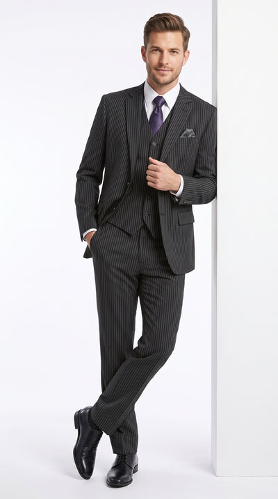 1920s Men’s Black Bold Pinstripe Wide Leg 3 Piece Suit, Vintage Gangster Costume Outfit with Vest