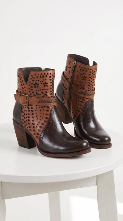 Women’s Brown Leather Short Boots, Oval Toe Ankle Boots with Buckle and Cutout Detail