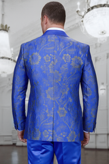 Men's royal blue paisley lace print tuxedo with double breasted vest – prom & wedding suit