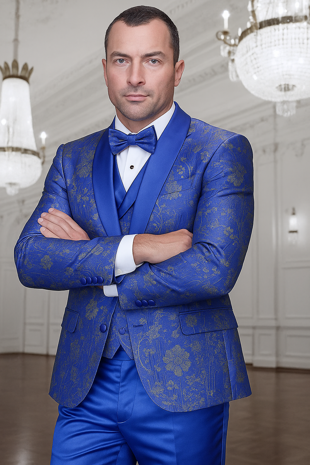 Men's royal blue paisley lace print tuxedo with double breasted vest – prom & wedding suit Men's royal blue paisley lace print tuxedo with double breasted vest – prom & wedding suit