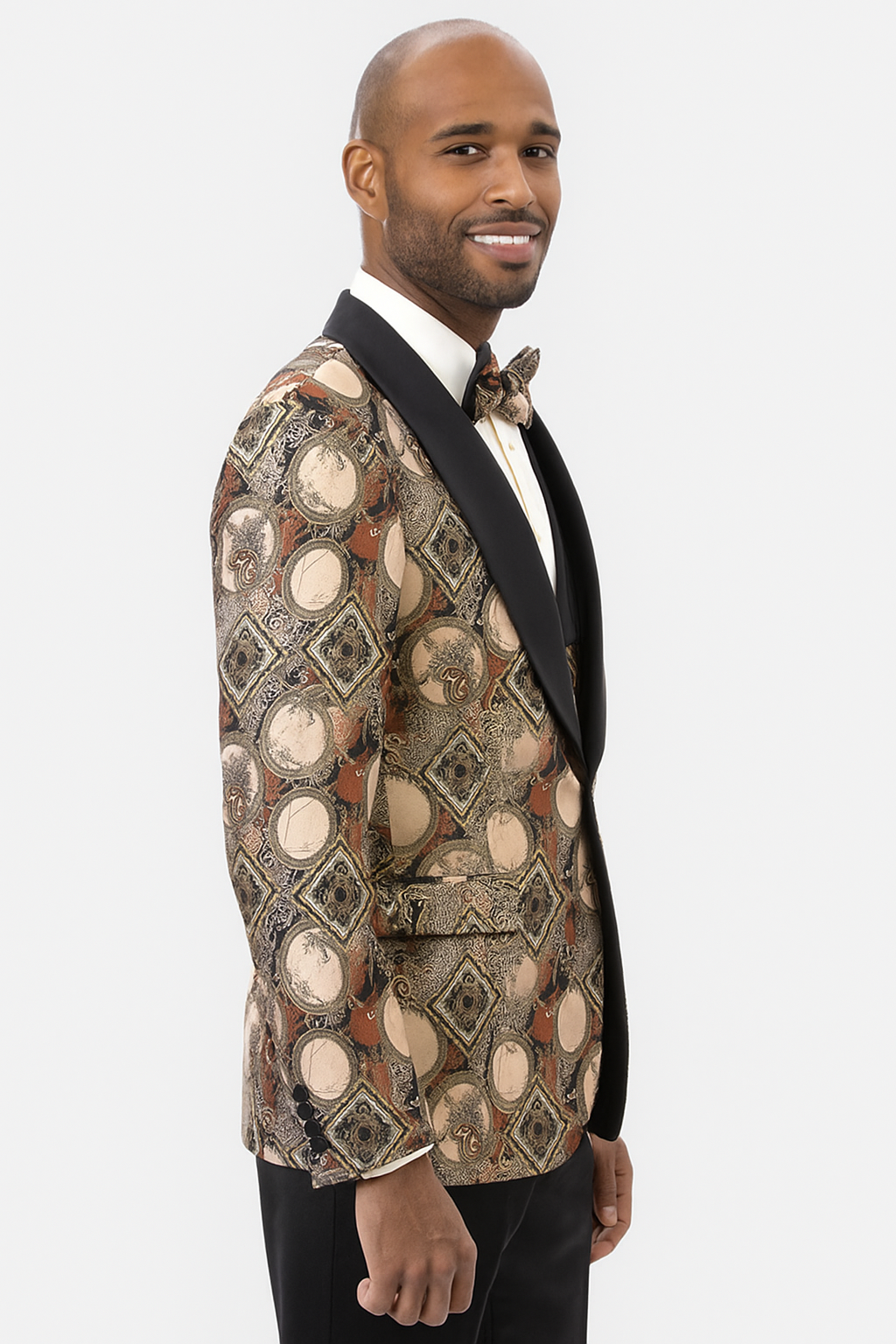 Men's Rust Geometric Pattern Tuxedo with Vest & Bowtie – One Button Formal Suit 4   - from alligatorwarehouse.com
