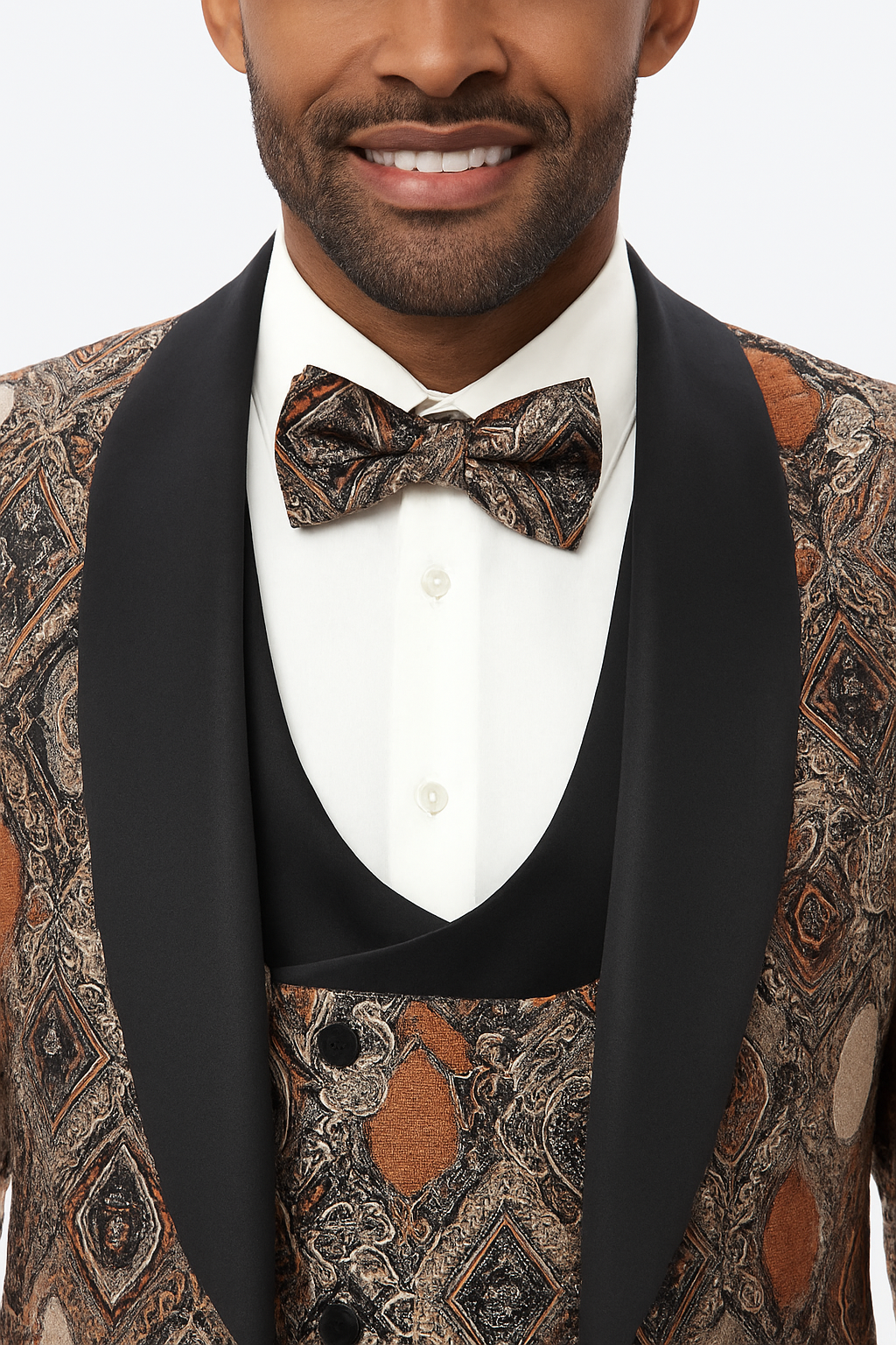 Men's Rust Geometric Pattern Tuxedo with Vest & Bowtie – One Button Formal Suit 1   - from alligatorwarehouse.com