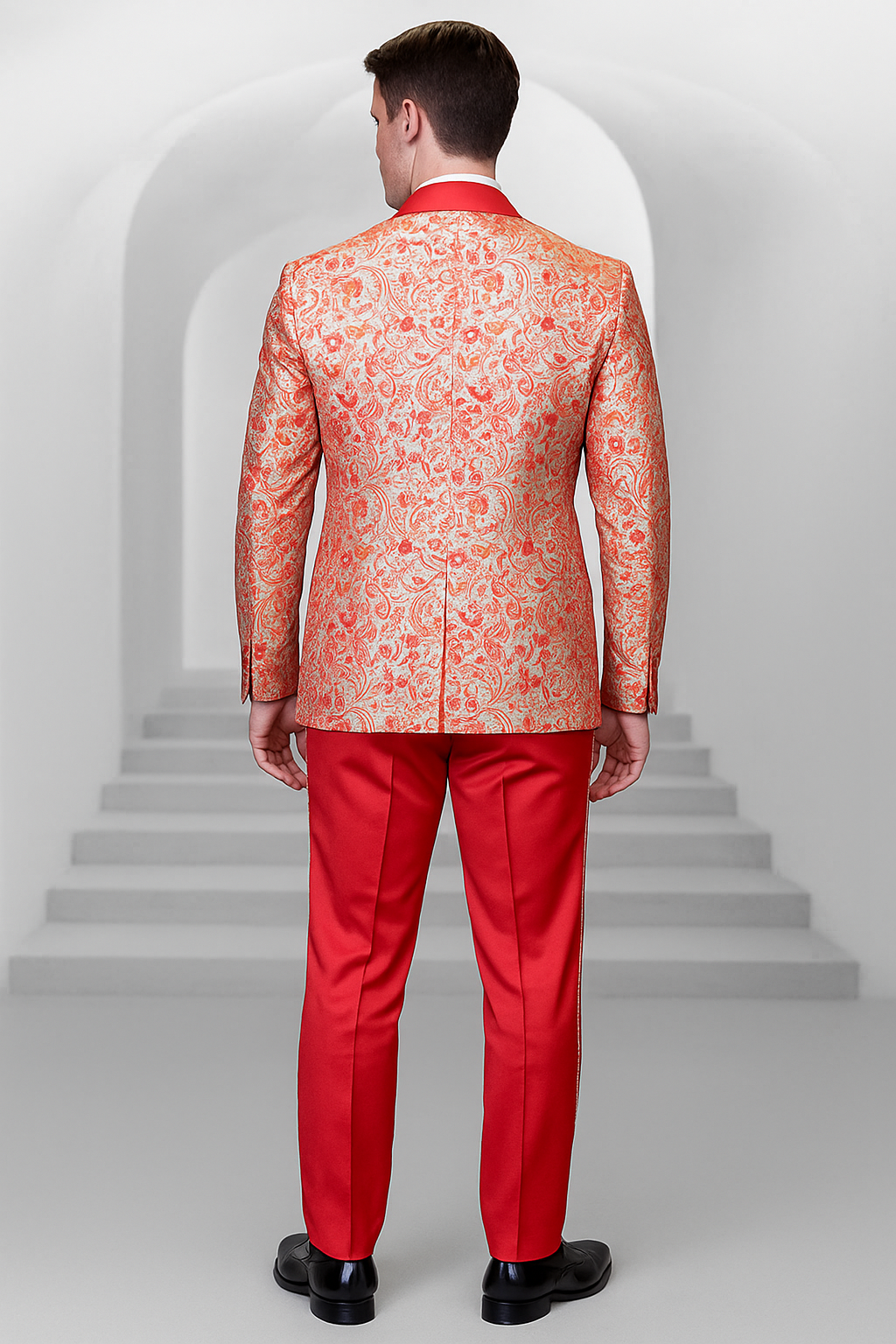 Coral Orange Men's Shiny Paisley Wedding Tuxedo with Double Breasted Vest & Satin Pants Coral Orange Men's Shiny Paisley Wedding Tuxedo with Double Breasted Vest & Satin Pants