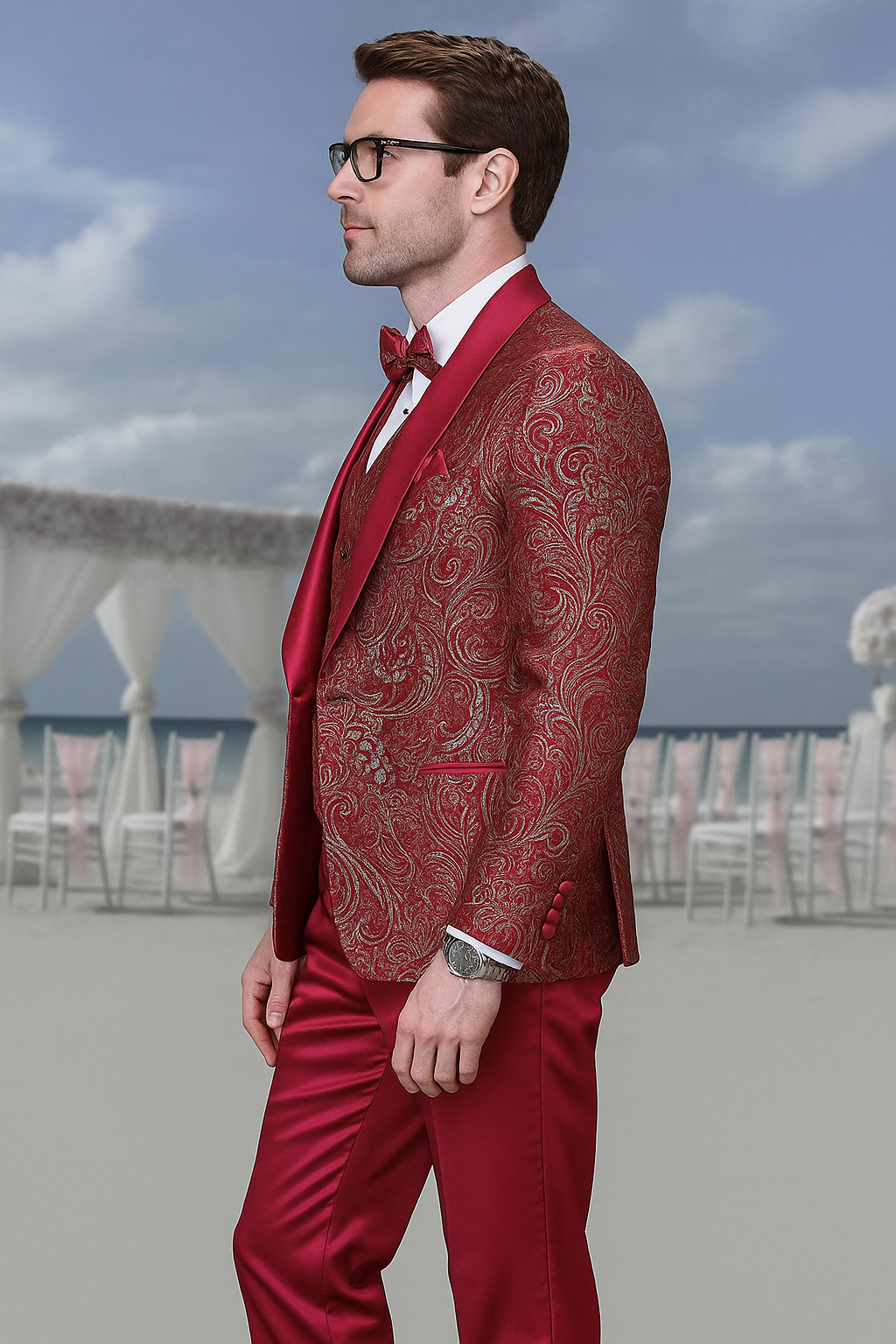 Men’s Red Paisley Brocade Prom Tuxedo with Vested Double Breasted Suit – Wedding Ready Men’s Red Paisley Brocade Prom Tuxedo with Vested Double Breasted Suit – Wedding Ready