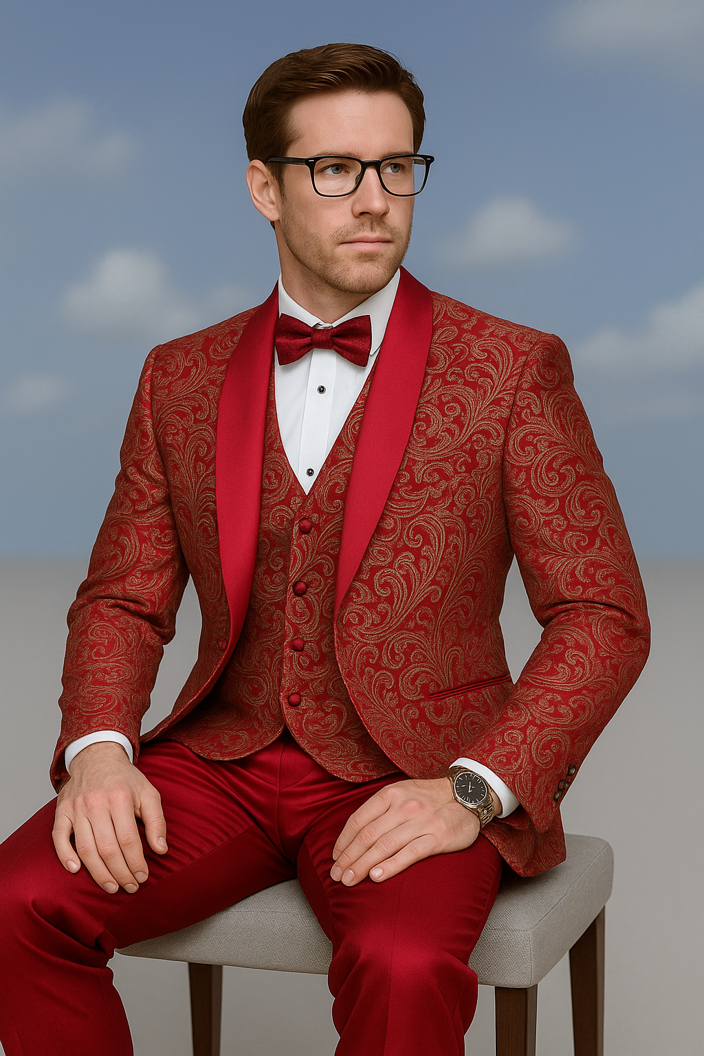 Men’s Red Paisley Brocade Prom Tuxedo with Vested Double Breasted Suit – Wedding Ready Men’s Red Paisley Brocade Prom Tuxedo with Vested Double Breasted Suit – Wedding Ready